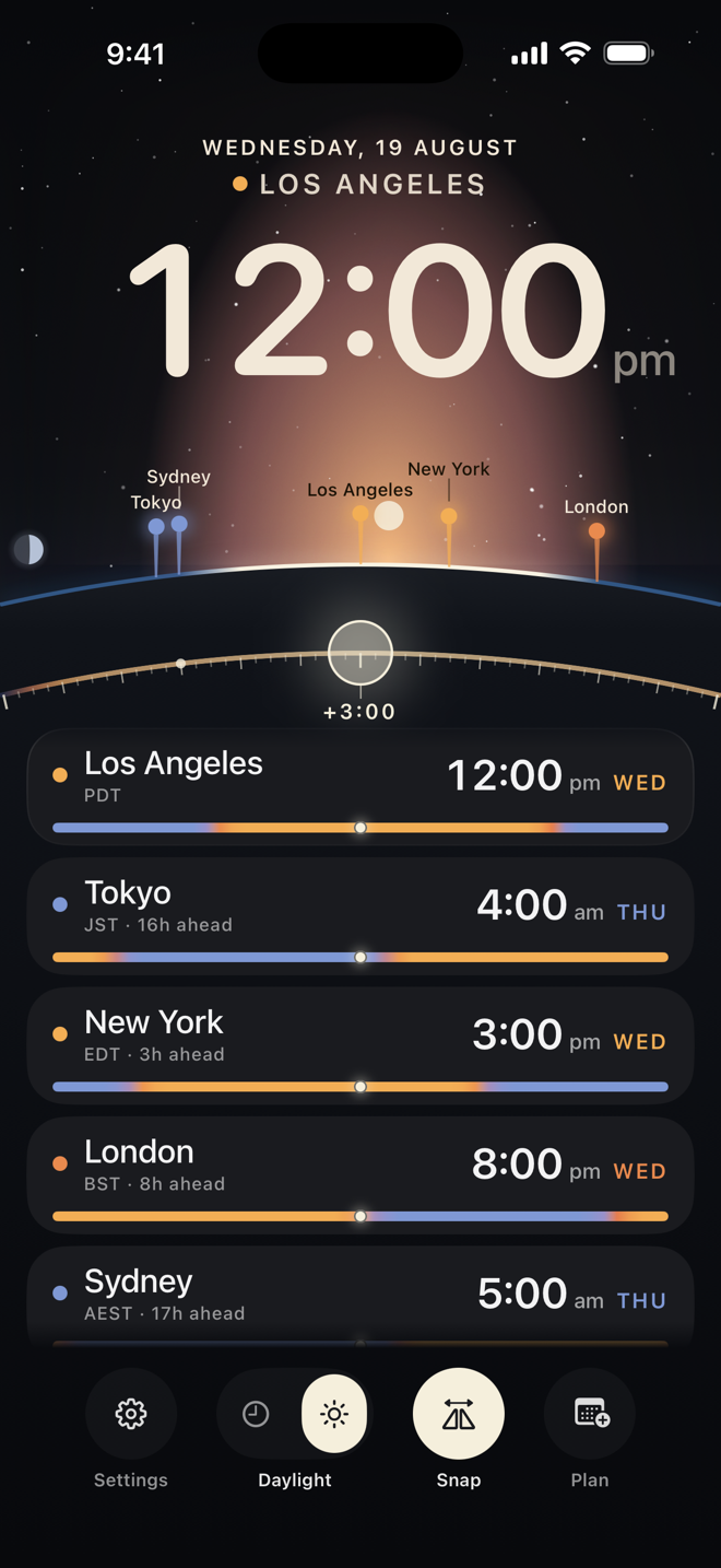 ZoneGlider scrubbed three hours forward: Los Angeles noon, Tokyo 4am Thursday