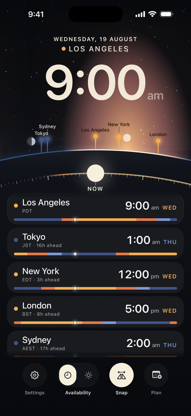 ZoneGlider at 9:00 am in Los Angeles: the sunrise crossing the Earth's limb, five cities pinned at their longitudes, and each one's clock on a shared 24-hour track